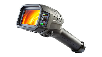 A handheld thermal imaging camera displays warm colors on the screen