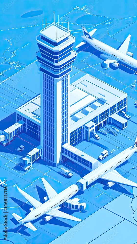 Isometric view of a generic airport terminal and control tower with two ...