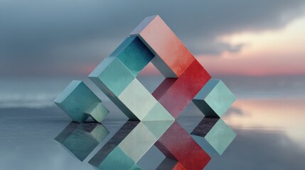Poster - Abstract geometric shapes reflecting on water with a colorful gradient background.