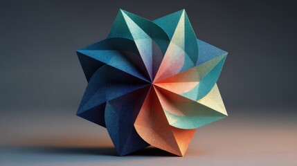 Poster - Colorful geometric paper sculpture with intricate folds and patterns.