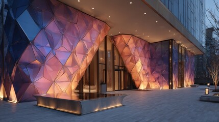Poster - Modern building facade with colorful geometric design and inviting entrance.