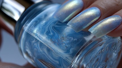Poster - Close-up of shimmering blue nail polish with intricate patterns and detailed nails.