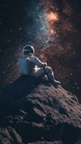 Astronaut sitting on a comet looking at the universe with copy space vertically 9:16