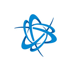Poster - Abstract blue atom symbol with orbiting lines and a triangular core on a white background design element