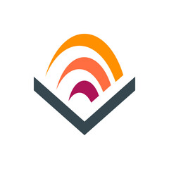Poster - Abstract design featuring curved lines in orange, red, and purple above a sharp angled gray shape below it