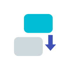 Poster - Turquoise rectangle above a grey rectangle with a downward pointing blue arrow indicating flow down