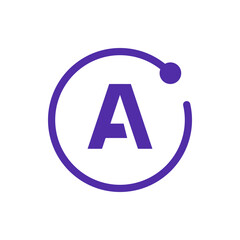 Poster - Letter a in a circle with a connecting dot in purple color scheme on a white background simple design