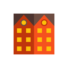 Poster - Illustration of two adjacent buildings with orange facades and yellow windows under a brown roof