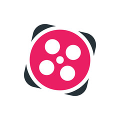 Poster - A pink circle with four large white circles and one small white circle surrounded by dark gray shapes