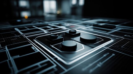 Futuristic digital control panel with illuminated buttons and interface, high-tech technology background