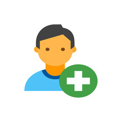 Poster - Illustration of a person icon with dark hair and a green circle with a plus sign next to the face