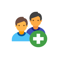 Poster - Two people avatars with orange skin tones and a green circle with a white plus sign on the right side image