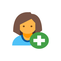 Poster - Illustration of a person icon with brown hair and a green circle with a white plus sign overlaying it