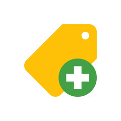 Poster - Illustration of a yellow tag with a white hole and a green circle with a white plus symbol overlayed
