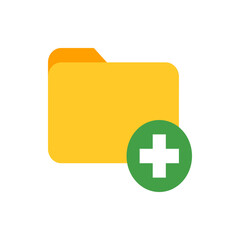 Poster - Yellow folder icon with an orange tab and a green circle with a white plus sign on the bottom right