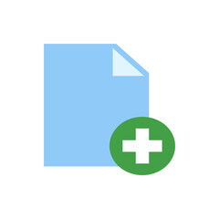 Poster - Illustration of a light blue document with a folded corner and a green plus sign icon, simple design