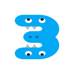 Poster - Illustration of a blue number three stylized as a monster with eyes and teeth on a white background