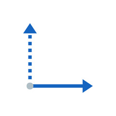 Poster - Blue coordinate axis with a solid arrow on the x axis and a dashed arrow on the y axis and a grey circle