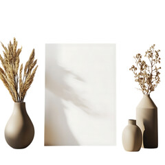 Wall Mural - Beige Vases with Dried Flowers and Blank Canvas on Transparent Background