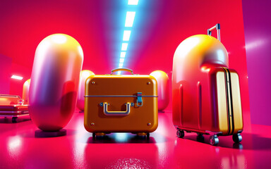 Aufkleber - futuristic luggage glides down a vibrant pink corridor bathed in neon light. capsule-shaped suitcase