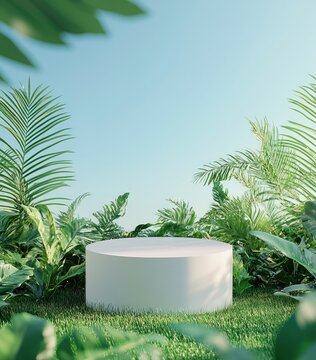 Serene white pedestal amidst lush greenery