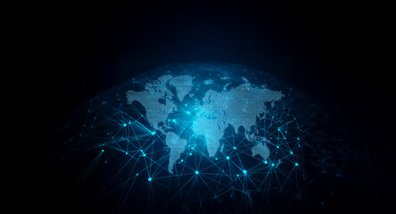 Aufkleber - A vibrant blue digital network spans across the world map, illustrating global connections and the flow of data across continents.