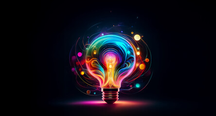 Poster - a vibrant, colorful lightbulb, radiating energy and creativity, glows brightly against a dark backgr