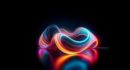 Fototapete - Abstract digital artwork featuring vibrant, glowing, multicolored ribbons forming a dynamic, wave-like structure reflected on a dark surface.  The colors are intensely saturated and create a sense of 