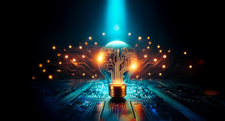 Poster - a glowing lightbulb, circuit board embedded, beams with digital energy. surrounding it, intricate pa