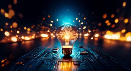 Poster - a glowing lightbulb, filled with bright energy, sits atop a circuit board. surrounding it is a bokeh