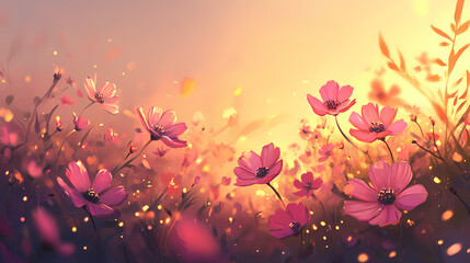 Wall Mural - Soft pink cosmos flowers sway gently in the breeze against a warm sunset background, evening light, cosmic flowers. [Celestial Drift] | Meteor Gardens | cosmic flowers. Illustration