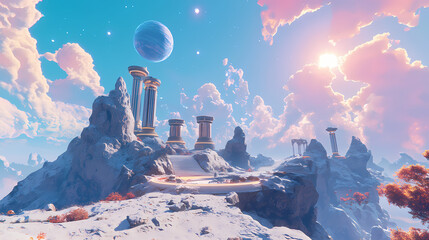 Wall Mural - Soft white clouds drift serenely across a vibrant blue sky bathed in warm sunlight. ai generated. [Celestial Drift] | Orbiting Sanctuaries | rotating temple. Illustration