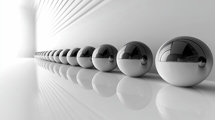Chrome spheres line a reflective white minimalist corridor
