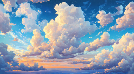 Wall Mural - Soft white clouds drift serenely across a vibrant blue sky bathed in warm sunlight. ai generated. [Celestial Drift] | Astrological Realm | zodiac formations. Illustration