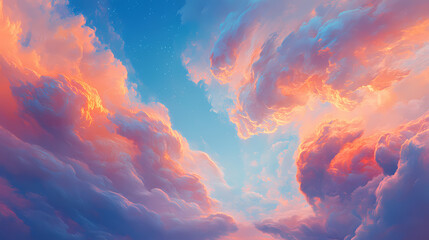 Wall Mural - Soft white clouds drift serenely across a vibrant blue sky bathed in warm sunlight. ai generated. [Celestial Drift] | Astral Fields | endless stardust. Illustration