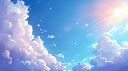Wall Mural - Soft white clouds drift serenely across a vibrant blue sky bathed in warm sunlight. ai generated. [Celestial Drift] | Orbital Echoes | ringing pulse. Illustration