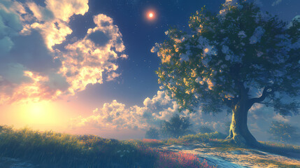 Wall Mural - Soft white clouds drift serenely across a vibrant blue sky bathed in warm sunlight. ai generated. [Celestial Drift] | Celestial Orchard | moonlit grove. Illustration