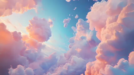 Wall Mural - Soft white clouds drift serenely across a vibrant blue sky bathed in warm sunlight. ai generated. [Celestial Drift] | Comet Winds | sweeping trails. Illustration