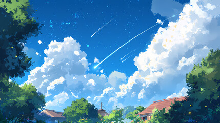 Wall Mural - Soft white clouds drift serenely across a vibrant blue sky bathed in warm sunlight. ai generated. [Celestial Drift] | Comet Winds | sweeping trails. Illustration