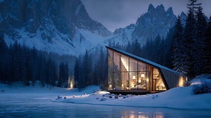 Poster - A beautiful modern cabin made of wood and glass, in the middle of snow, covered mountains with trees, on an ice, covered lake surrounded by a pine forest, at night