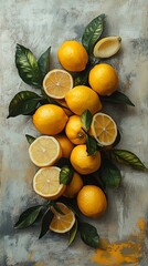 Wall Mural - Group of yellow lemons with green leaves rest on a textured, neutral surface