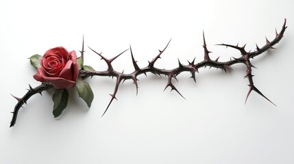Wall Mural - A dramatic red rose blossom with its thorny stem standing out against a simple minimalist gray background  The contrast between the soft elegant petals and the sharp