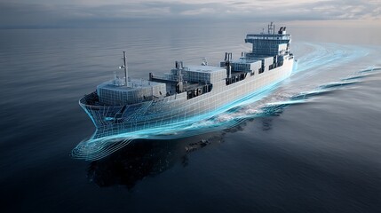 Poster - A cargo ship is sailing on a calm sea surface, with a technology style hull, blue lines
