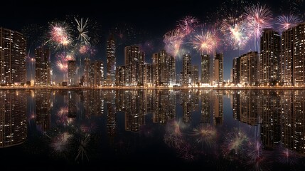 Aufkleber - A city with fireworks at clean sky, at night