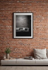 Wall Mural - Cozy living room, poster mockup clipped to brick wall, cozy, home decor