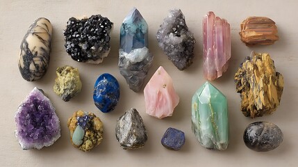 Poster - A diverse collection of rare minerals and gemstones showcasing unique colors and formations found in natureâ€™s treasures