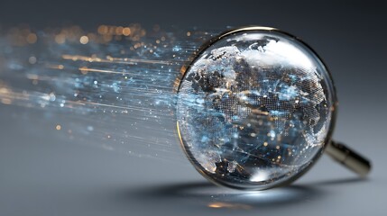 Fototapete - A futuristic globe magnified by a glowing magnifying glass, surrounded by abstract data streams and networks symbolizing global media surveillance and competitive analysis, modern