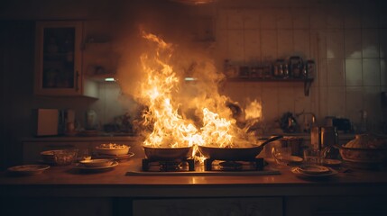 Aufkleber - A kitchen fire ignites during meal preparation, highlighting the risks of domestic accidents and the need for home insurance