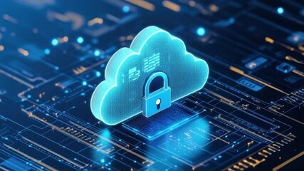 Poster - Digital Cloud Security Concept with Locked Cloud Icon on Blue Circuit Background for Technology and Cybersecurity Themes 4k video footage