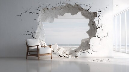 Poster - A large, cracked hole in white wall reveals empty space behind, showcasing a dramatic breakage effect in a modern interior setting